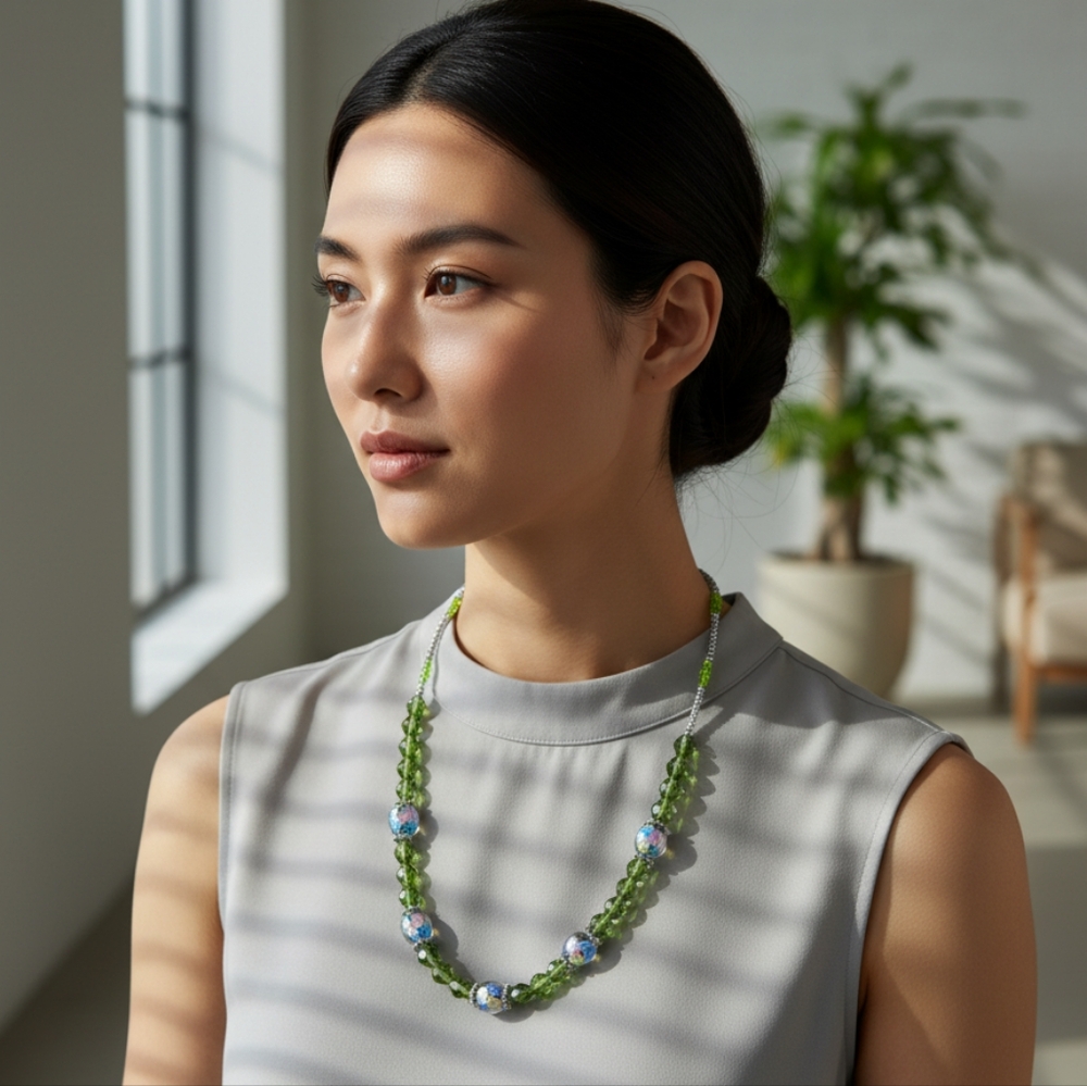 Beautiful Green and Floral Bead Necklace